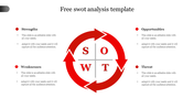 SWOT analysis template with red circular arrows in the center highlighting strengths, weaknesses, opportunities, and threats.