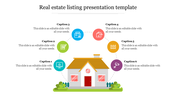 Real estate listing presentation template featuring a house graphic and six colored icons with captions.