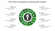 Real estate marketing plan slide with a circular design featuring key icons, surrounded by eight text sections.