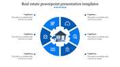 Real estate infographic featuring six segments in blue with icons and a house in the centereach placed with caption areas.