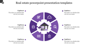 Circular real estate slide showing a house icon in the center, with six purple segments around it having icons and captions.