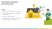 Real estate investment concept with house, location pin, user icons, and a person interacting with mobile.