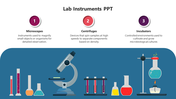 Slide of a laboratory setup with a microscope and glassware items on a dark blue background with three text areas at the top.