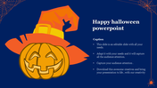 Smiling pumpkin with a red and yellow hat with white text and orange spider webs in corners on a dark blue background.