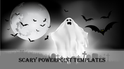 A white ghost and black bats hover in a haunted graveyard under a bright full moon, creating a scary atmosphere.