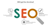 Slide featuring colorful SEO letters and icons representing search, optimization, and engine with icons and placeholder text.