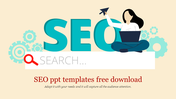 Woman holding a paper plane, seated on the word SEO search bar with magnifying glass icon and gears in the background.