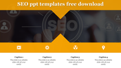 A modern slide design with an SEO theme, showcasing icons related to digital marketing and analytics with captions.