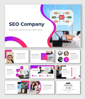 SEO company Slide deck with vibrant pink and purple wave elements, including circular icons and various image placements.