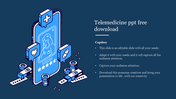 Blue and white isometric illustration of a smartphone with medical icons and surrounding pills on a dark blue background.