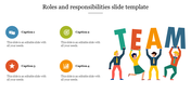 Team members holding the word team in colorful letters, with icons for captions on roles and responsibilities on the left.