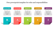 Colorful RASCI model roles and responsibilities slide with colorful textboxes and captions.