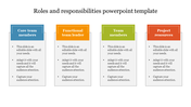 A slide showing a roles and responsibilities structure in four distinct columns with placeholder text.