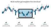 Stock market candlestick chart displayed on a laptop, surrounded by similar chart elements and captions area graph icons.