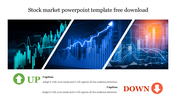 Three panels showing stock market graphs with green and red indicators for stock market trends with placeholder text below.