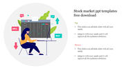 Stock market illustration showing a person at a desk viewing graphs with buy and sell icons in a circular layout.