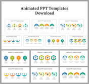 Set of slides with animated elements, focusing on colorful hexagons, circles, and icon based illustrations.