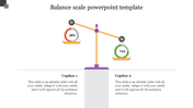 Balance scale infographic slide depicting two items weighed at different percentages with text areas.