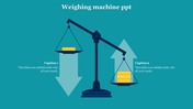 Weighing machine illustration with gold bars on each side, left side lower with blue arrow with two labelled caption areas. 