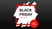 Black friday sale slide with bold text on white brush stroke background, with red frame, and a circle highlighting discount.