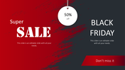 Black Friday sale slide with a bold red and black background, featuring a percentage off tag with placeholder text.