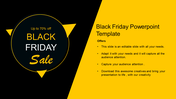 Black and yellow theme slide with a circular badge and a detailed offer section on the right.