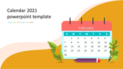 February 2021 calendar slide with a minimalistic design and nature-inspired accents on a curved orange background.