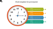 Clock diagram slide with time labels and four colorful sections for captions with icons and text area.