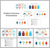 Collage of multiple product overview slides with colorful icons and layouts showcasing features, technical specs, and more.