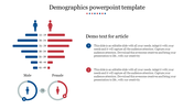 Gender specific demographic bars in blue and red, with circular male and female comparison icons underneath.