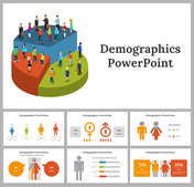 Demographic themed slides with various charts and icons to visualize population statistics, including male and female ratios.