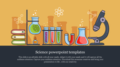 Science template, showcasing various lab instruments like test tubes, a beaker, and a microscope with a dark text section.