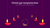 Diwali slide with hanging oil lamps and a central diya on a rich purple background.