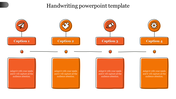 Handwriting style slide featuring four sections with icons, each with a caption and orange text boxes.