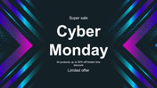 Cyber monday sales slide featuring bold text and a colorful background announcing discounts.