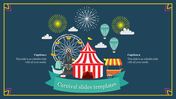 Colorful carnival themed slide with a ferris wheel, tent, hot air balloons, and fireworks set against a blue background.