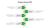 Project demo slide with five stages and green colored icons with text descriptions.