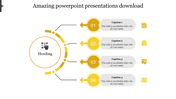 Yellow circle diagram with four steps branching out to the right, featuring numbers, icons and gray text boxes.