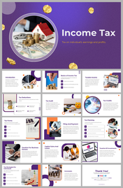 Slide deck with images of money, tax forms, and strategies for both individuals and businesses, with purple theme