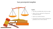 Colorful law template featuring a gavel, scales of justice, and law books, with space for text captions on the right.