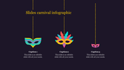 Carnival slide with three colorful masks hanging from dotted yellow lines, each with caption below on a dark background.