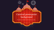 Carnival themed design with red and yellow striped tents, lights, fireworks, and centered text on a dark backdrop.