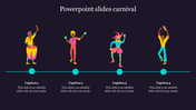 Carnival-themed slide with four colorful characters in different costumes, along a horizontal timeline with caption areas.