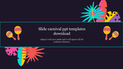 Colorful carnival-themed slide with maracas and vibrant abstract shapes surrounding the text in the center.