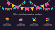 Colorful carnival-themed template with vibrant banners and four carnival icons, each with placeholder captions.