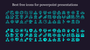 Multiple turquoise icons arranged in two sets rows, each representing different objects and concepts on a black background.