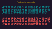 Slide featuring rows of blue and red free icons for PowerPoint presentations displayed on a dark background with title text.