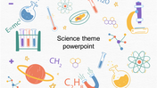 Variety of colorful science related illustrations of lab equipment and chemical formulas, arranged around centered text.