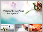 Wedding-themed slides with a couple embracing, a bride holding a bouquet, and background images of wedding scene and  quotes.