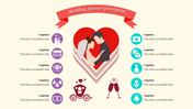 Wedding-themed infographic with icons like a church, calendar, and wedding rings around a couple embracing in a heart.